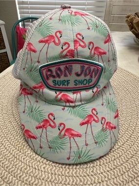 Ron Jon Flamingo Patch Trucker Hat in Pink and Mint